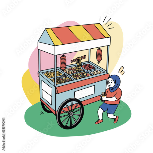 Colorful Street Food Cart with Various Dishes.