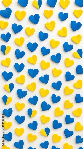 Colorful arrangement of blue and yellow hearts on a white background in a creative display
