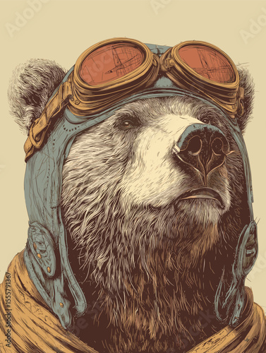 Bear wearing aviator goggles and helmet – vintage anthropomorphic animal illustration with adventurous character design