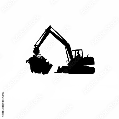 Silhouette of a recycling compactor compressing scrap materials on white background