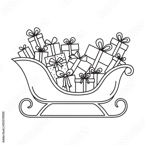 Black and white outline of a sleigh overflowing with gift boxes