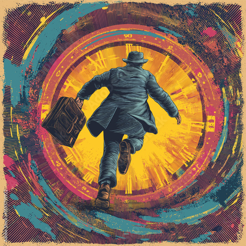 Man running into glowing time vortex with clock symbols – retro time travel concept illustration with dynamic motion and mystery