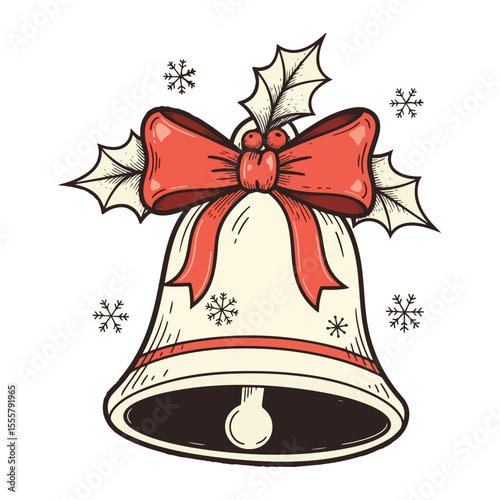 Christmas bell with red bow and holly leaves holiday