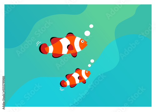 Animal cartoon character: a family of Nemo fish in a big ocean 