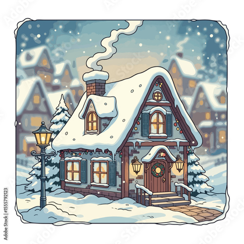 Cozy Snow Covered Cottage with Christmas Lights and Wreath
