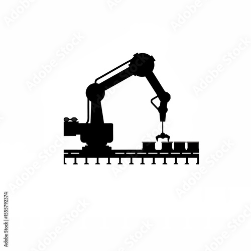 Silhouette of a robotic arm assembling components on a conveyor belt on white background