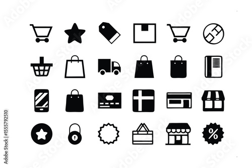 Shopping Icon Collection: A comprehensive array of black-and-white shopping-related icons, each precisely crafted to represent essential commerce and retail elements.
