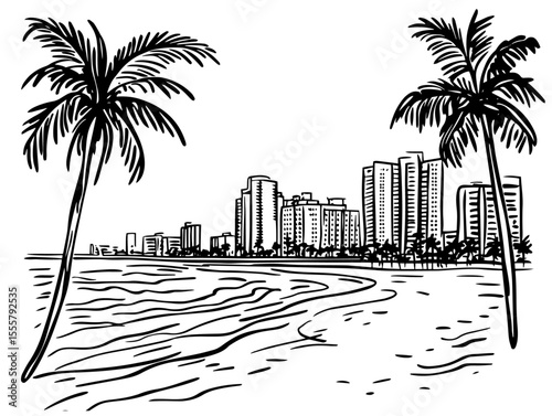 tropical beach with palm trees and city skyline hand drawn vector