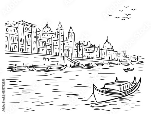 venetian canal with gondolas and historic buildings hand drawn vector