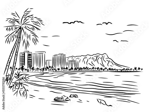 tropical beach with city and mountain view hand drawn vector
