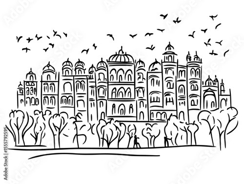 historic palace with domes and trees hand drawn black and white vector