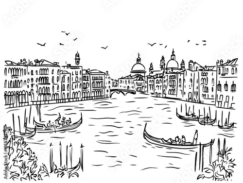 grand canal with gondolas and domes in venice black and white vector