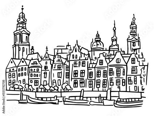 dutch canal with historic buildings and boats hand drawn black and white vector