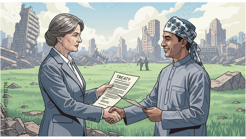 Post-Apocalyptic Treaty Signing A Woman and Man Shake Hands on a New Beginning