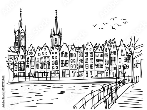 european canal with gothic buildings and bridge hand drawn vector