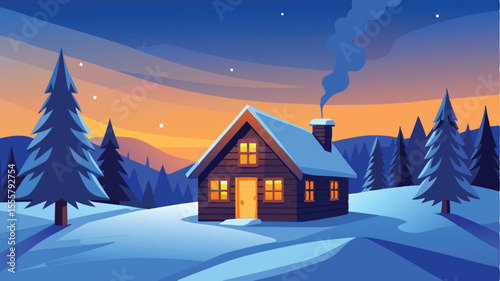 A cozy cabin nestled in snowy mountains at sunset, illuminated with warm light