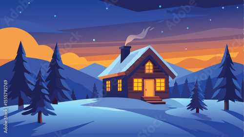 A cozy cabin nestled in snowy mountains at sunset, illuminated with warm light