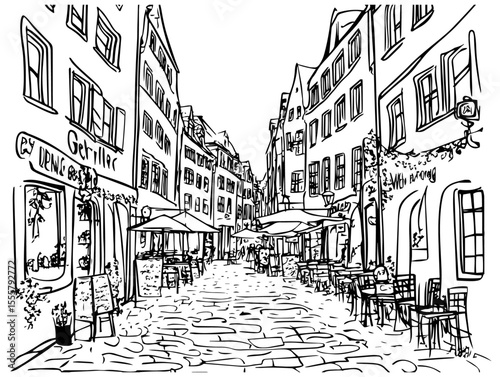 european old town street with cafes and restaurants hand drawn vector