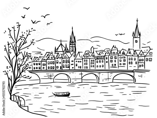 riverfront with bridge and gothic skyline black and white vector
