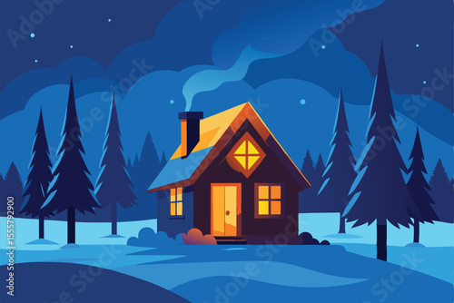A warm cabin glows in a snowy winter forest at night