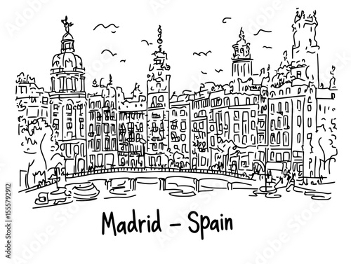 gran via in madrid with classical buildings hand drawn vector