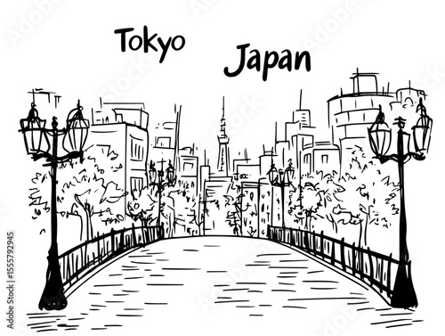 tokyo skyline with trees and street lamps hand drawn black and white vector