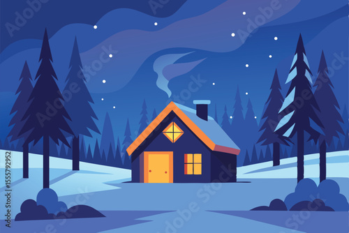 Warm cabin lights shine in a snowy winter forest at night