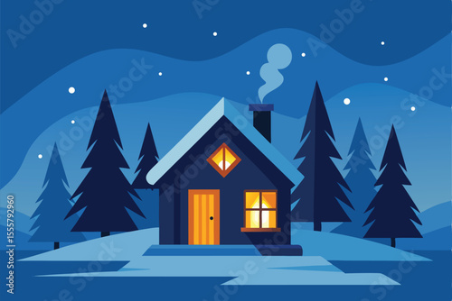A cozy cabin glows warmly in a snowy winter forest
