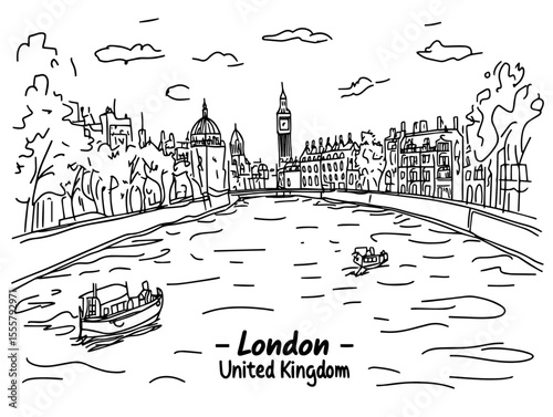 london skyline with river and big ben hand drawn black and white vector