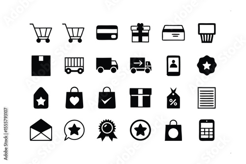 E-commerce and Shopping Icons: An array of meticulously crafted, minimalistic icons perfectly captures the essence of online shopping, encompassing essential elements for your digital commerce