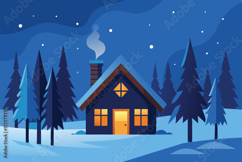 A cozy cabin glows warmly in a snowy forest at night