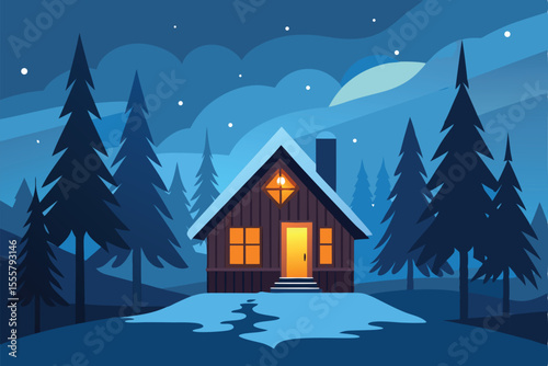 A cozy cabin glows warmly in a snowy forest at night