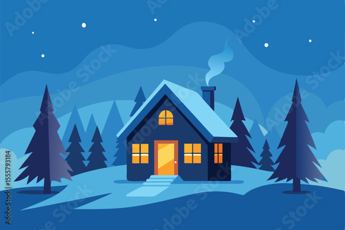 A cozy blue cabin sits nestled in a snowy forest at night