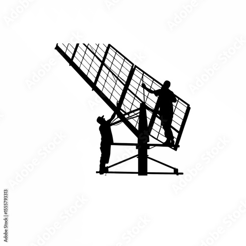 Silhouette of a solar panel installation rig adjusting panel angles on white background