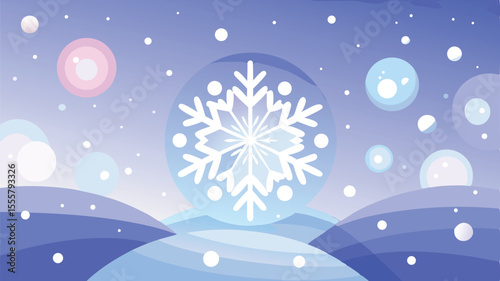 A serene winter scene with a large snowflake in the center, surrounded by soft pastel circles and hills