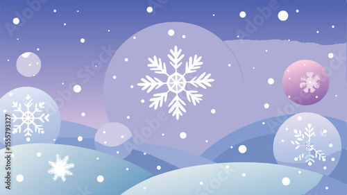 Several snowflakes are nestled within pastel circles against a wintery hills background