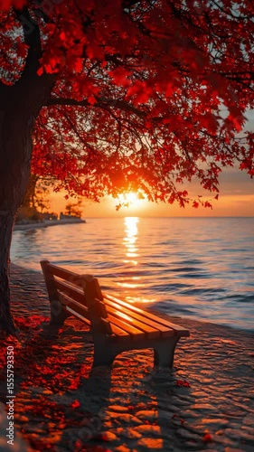 Beautiful Autumn Sunset Over Calm Lake With Wooden Bench Under Vibrant Red Leaves Creating Peaceful Serene Romantic Atmosphere

