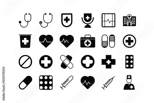Medical Icons Set: A comprehensive collection of healthcare icons, including medical symbols, tools, and equipment. Perfect for websites, presentations, or medical-related designs.