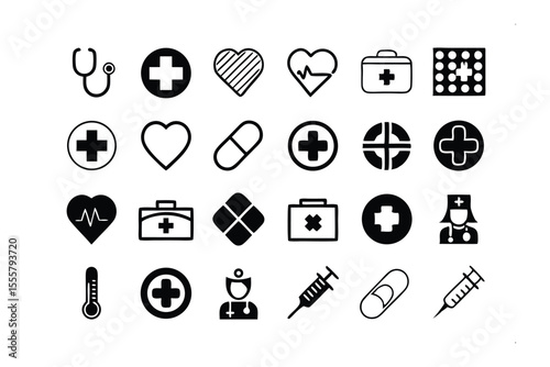 Medical Icons Set: A comprehensive collection of medical and healthcare icons, including medical crosses, hearts, pills, syringes, and first aid kits, perfect for websites, apps, and presentations.