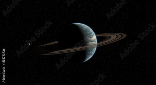Realistic digital illustration of a ringed planet in space. SEO-friendly celestial artwork with starry background. Detailed cosmic scene with gaseous planet.