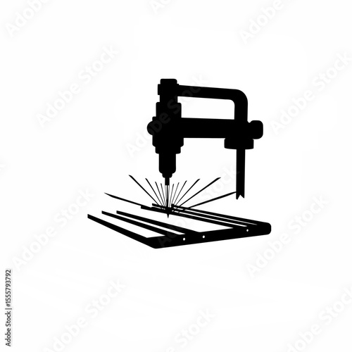 Silhouette of a wire-cutting machine crafting precise metal shapes on white background