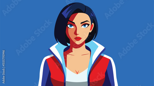 A stylish woman with short dark hair and red lips is illustrated in a modern graphic portrait