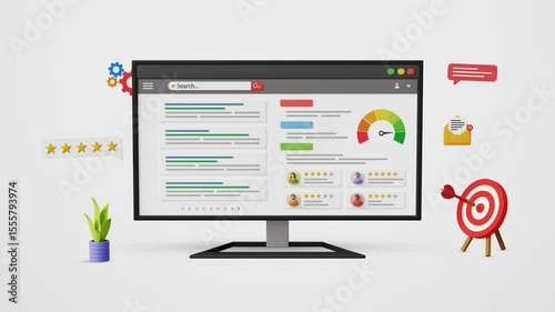 SEO Optimization, SEO ranking, SERP, digital marketing, web analytics, website ranking, organic reviews, top results. Optimized search engine results or SERP on computer screen. 4K 3D animation