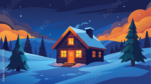 A cozy cabin nestled in snowy mountains at sunset, illuminated by warm interior lights
