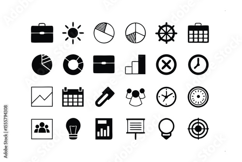Business Icons: A clean and organized collection of business icons, perfect for illustrating concepts related to finance, strategy, and productivity.  The icons are designed with a minimalist style.