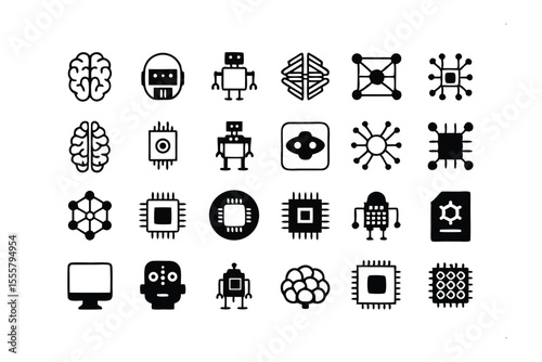Modern AI and Robotics Iconography: A collection of modern, minimalist icons representing artificial intelligence, robotics, and related technological concepts. Designed in a clean, graphic style.