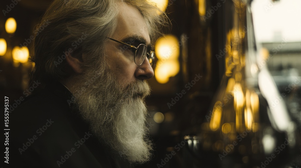 Obraz premium Elderly man with long gray-streaked hair and full white beard in profile, wearing round-framed glasses, warm moody lighting, soft bokeh background, cozy introspective indoor setting.