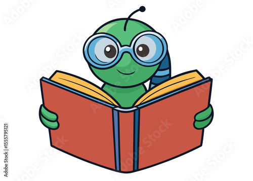 Cute Green Alien Cartoon Character Reading a Book with Glasses on a White Background