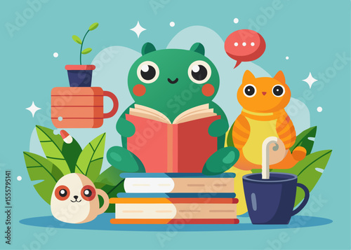 Cute Frog Reading a Book with Cat Panda Mug and Coffee Illustration