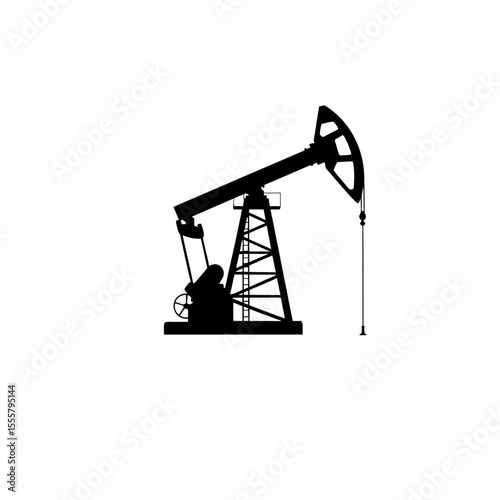 Silhouette of an oil pumpjack extracting resources under a setting sun on white background